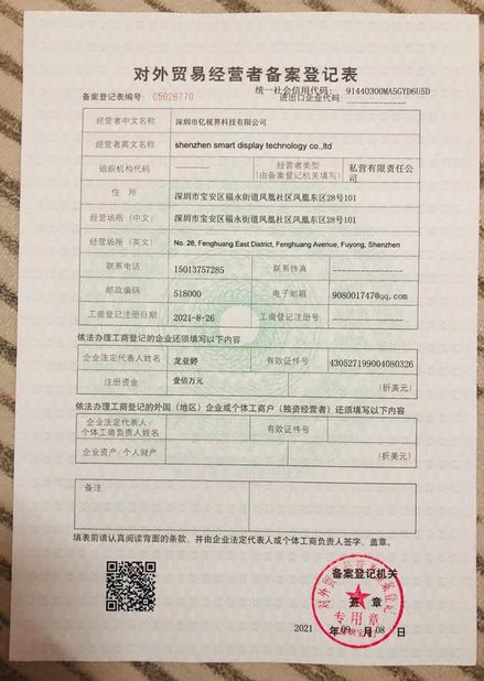 Porcellana Shenzhen Smart Display Technology Co.,Ltd Certificazioni
