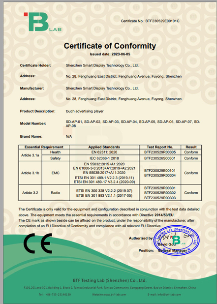 La Cina Shenzhen Smart Display Technology Co.,Ltd Certificazioni
